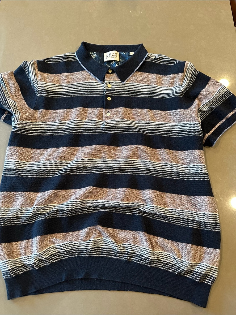 Scotch & Soda Navy and Brown Striped Knit Polo - Men’s XXL